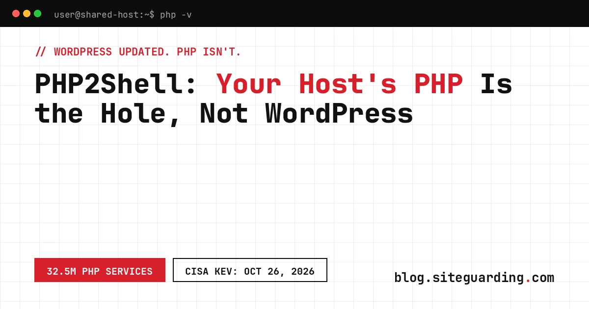 PHP2Shell shared hosting risk: terminal checking the PHP version behind a WordPress site