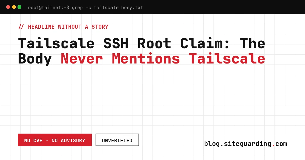 Terminal graphic for the unverified Tailscale SSH vulnerability claim, with no CVE or vendor advisory behind the headline