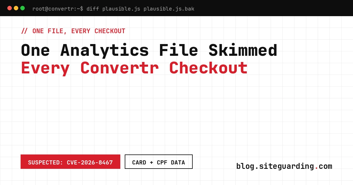 Convertr checkout skimmer hidden in a shared Plausible analytics tracker that stole card and CPF data