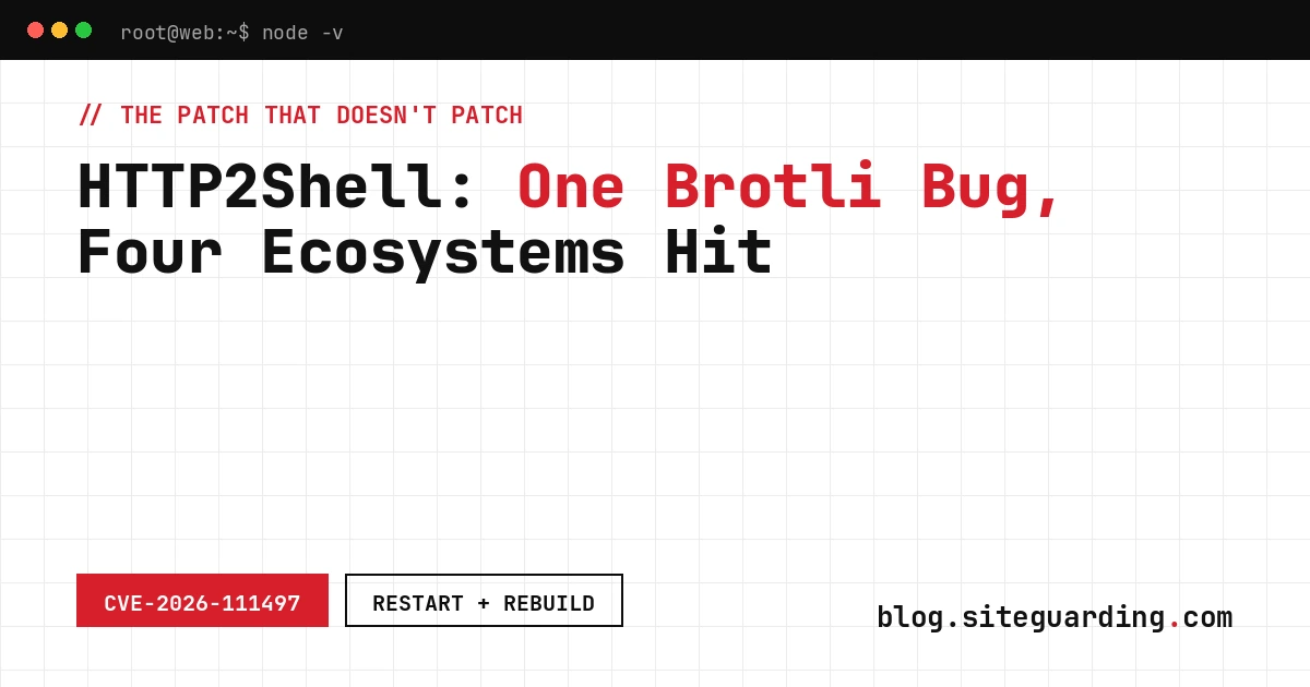 Terminal running node -v to check whether a server's Node.js runtime includes the fix for the Brotli HTTP2Shell buffer overflow, CVE-2026-111497