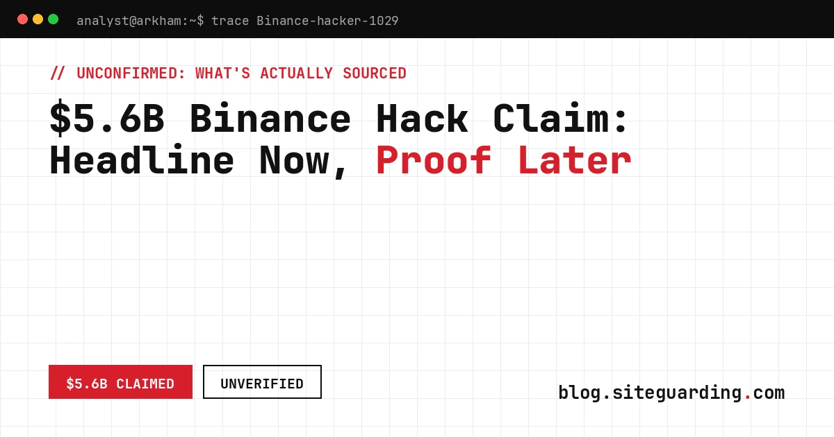 Binance hack claim: terminal tracing the Arkham label Binance-hacker-1029 beside an unverified $5.6B badge