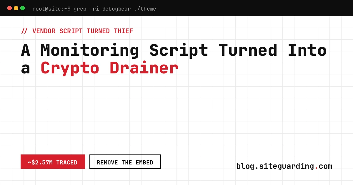 Terminal search for the DebugBear RUM embed after the script was compromised and used against Polymarket users