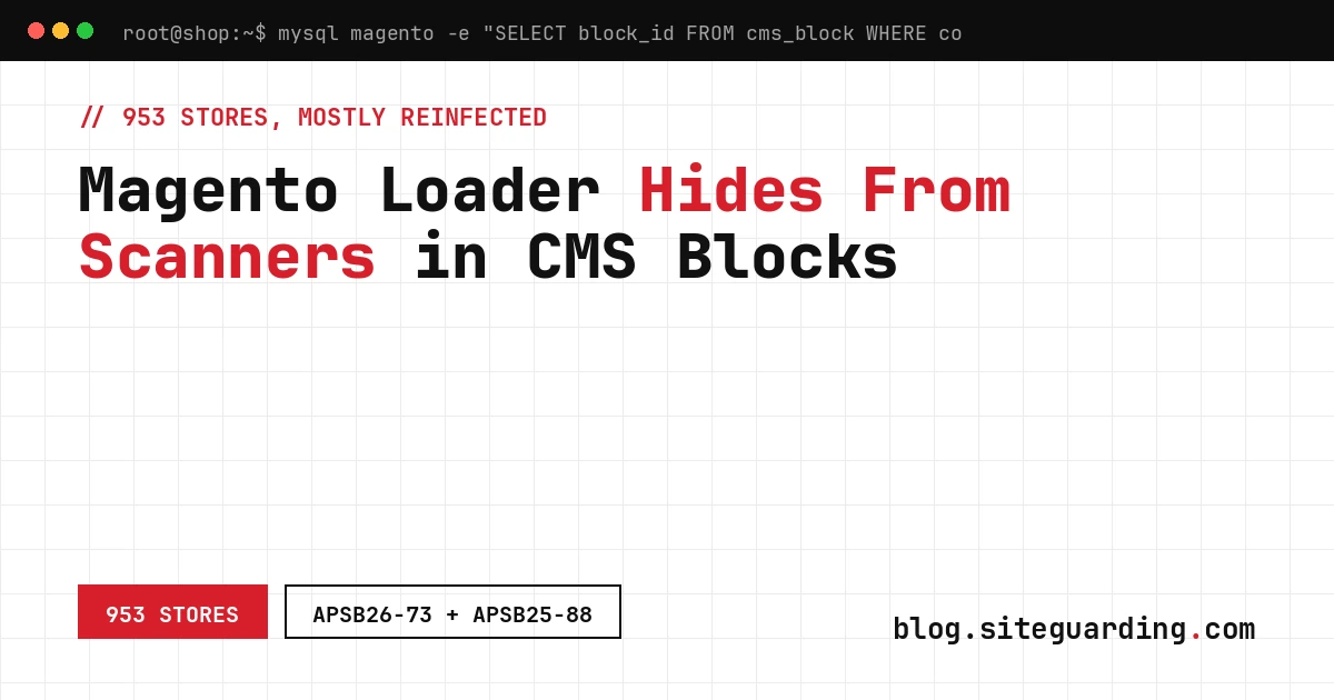 Magento malware campaign: loader hidden in CMS blocks of 953 online stores evades automated security scanners
