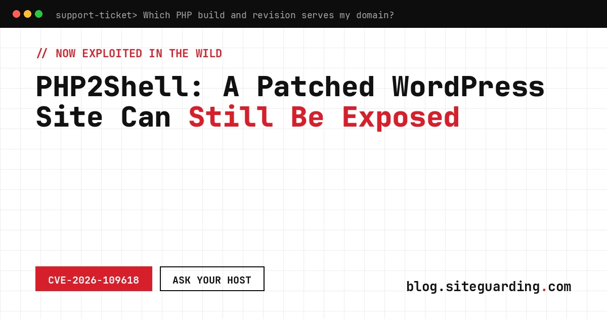 Support ticket asking a shared host which PHP build serves a WordPress site, under a PHP2Shell warning
